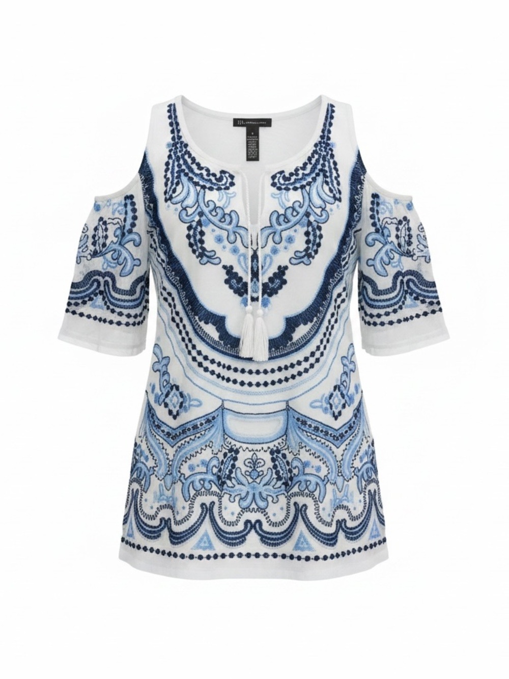 Cold-Shoulder Embroidered Tunic in Blue & White with Tassel V-Neck